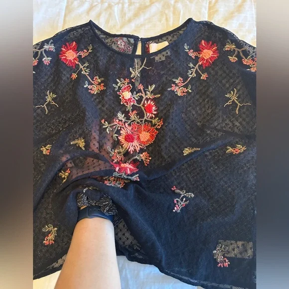 Anthropologie Maeve Black Sheer Blouse with Red Floral Embroidery - Picture 3 of 10